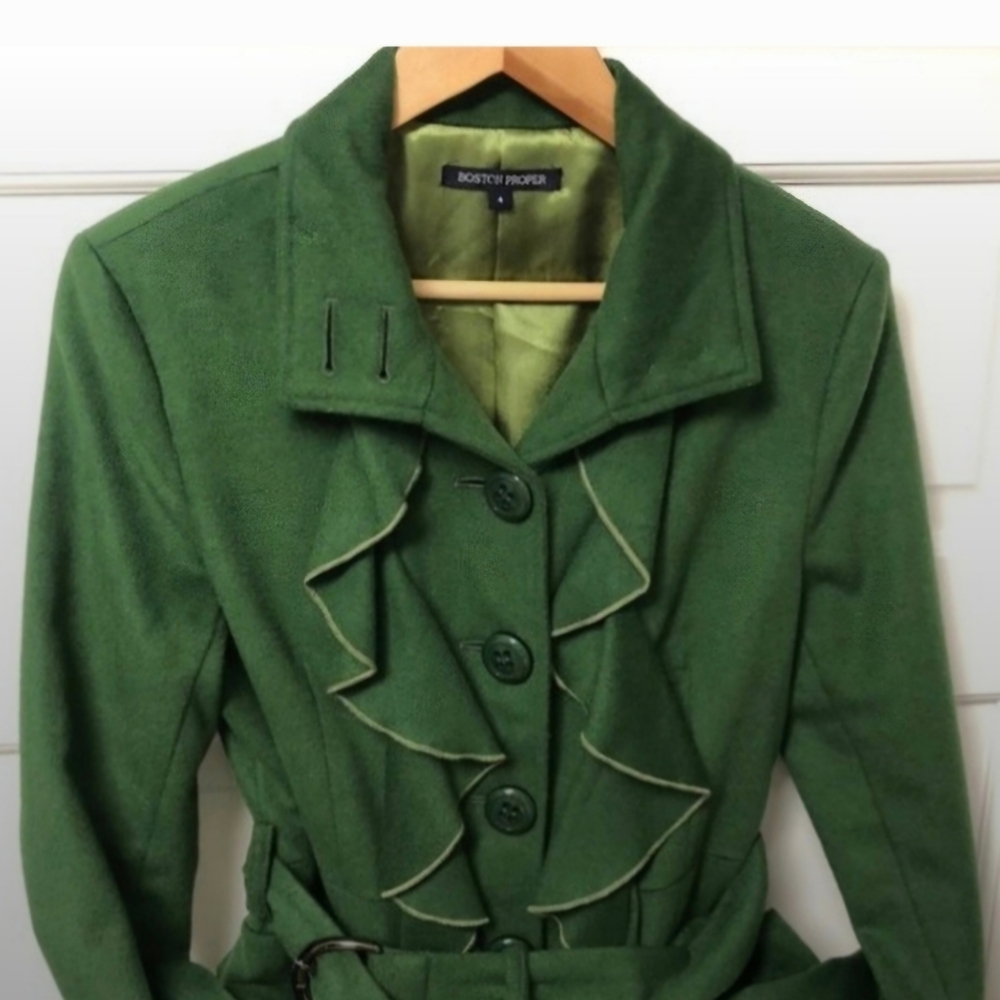 Boston Proper Green Trench Coat with Ruffle Details